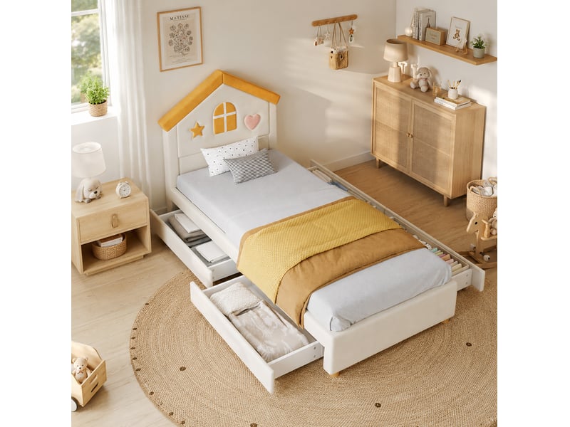  Lit cabane enfant 90x200 cm, beige, équipé de 4 tiroirs et de tête de lit en forme de maison, sans matelas  - Conforama D