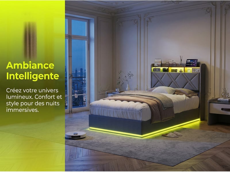  Lit coffre 90x200 cm - led intégrée et rangement - tête de lit avec étagères - sommier relevable  - Conforama D