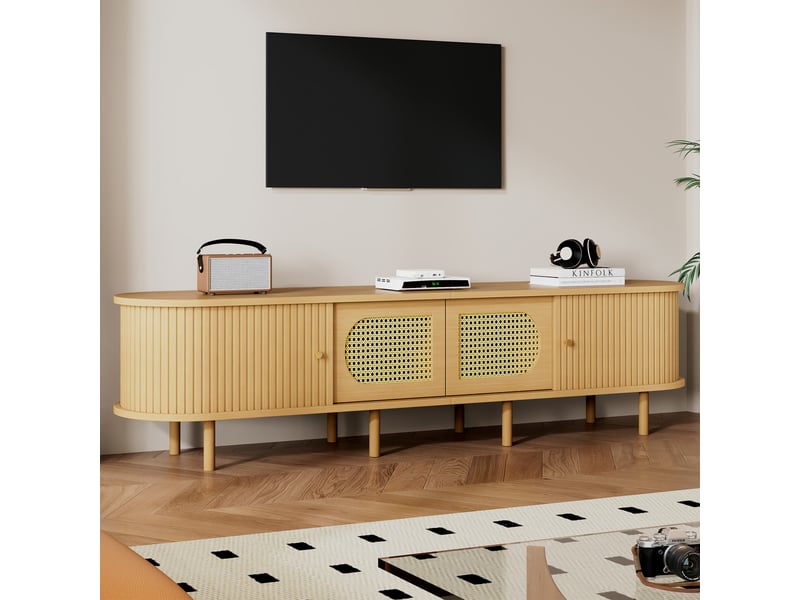  Meuble tv 180 cm pour écran jusqu’à 75 pouces, 2 portes effet rotin, 2 portes à rideau, forme ovale, grand rangement, mdf effet bois naturel  - Conforama C