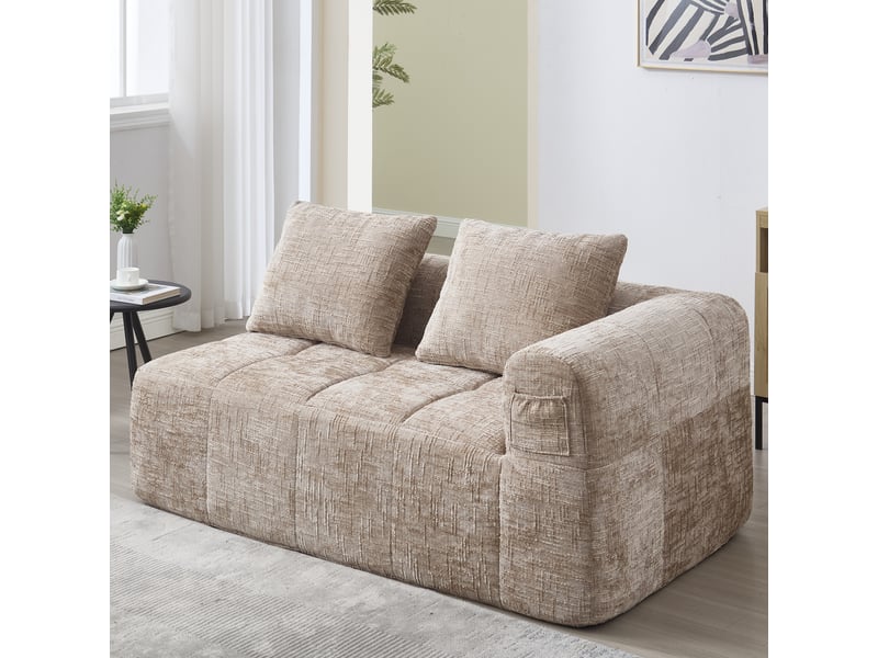  Canapé droit 2 places en chenille kaki 158x90x60 cm avec coussin et poches latérales, sans montage, salon 158x90x60cm - Conforama B