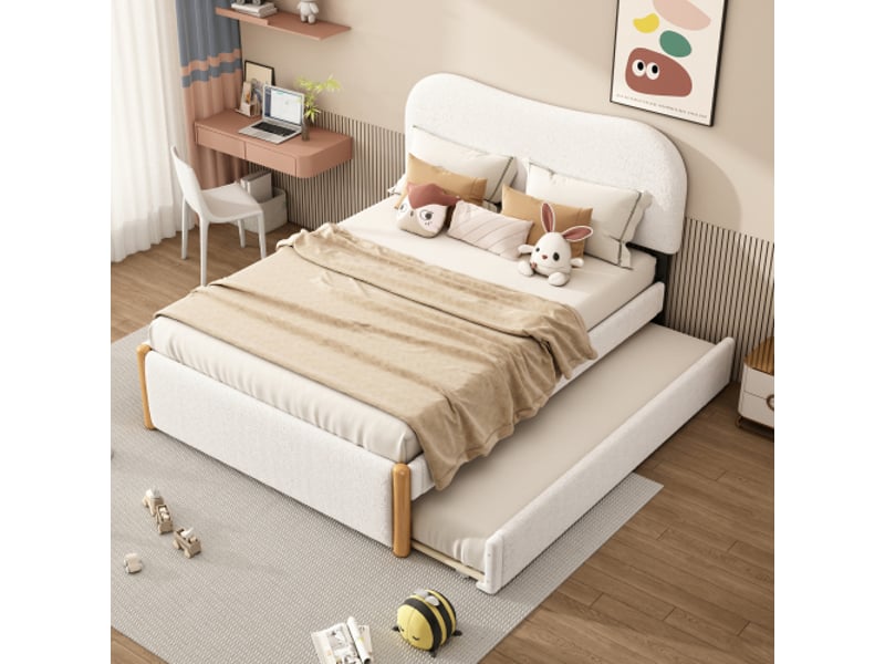  Lit enfant 140x200 cm, avec lit gigogne et avec tête de lit, en tissu, blanc, sans matelas  - Conforama B