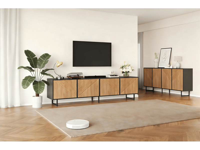  Ensemble rayofi meuble tv 180 x 40 x 50 cm et buffet 160 x 40 x 75 cm, bois naturel et noir, 4 portes, capacité 40 kg  - Conforama R