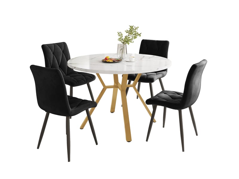  Ensemble repas 5 pièces 100 cm – noir et doré – table ronde avec placage marbre et 4 chaises en velours  - Conforama A