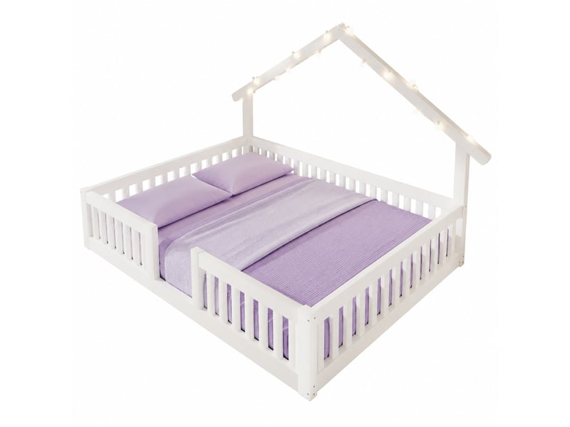 Lit enfant 140 × 200 cm avec barrières de sécurité, guirlande lumineuse, structure maison blanche pour chambre - Conforama A