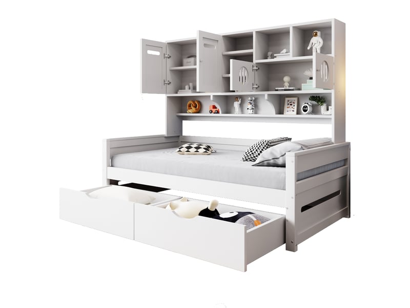  Modenvie lit banquette 90x200 cm - avec rangements et 2 tiroirs, sans matelas, montage mural - blanc  - Conforama A