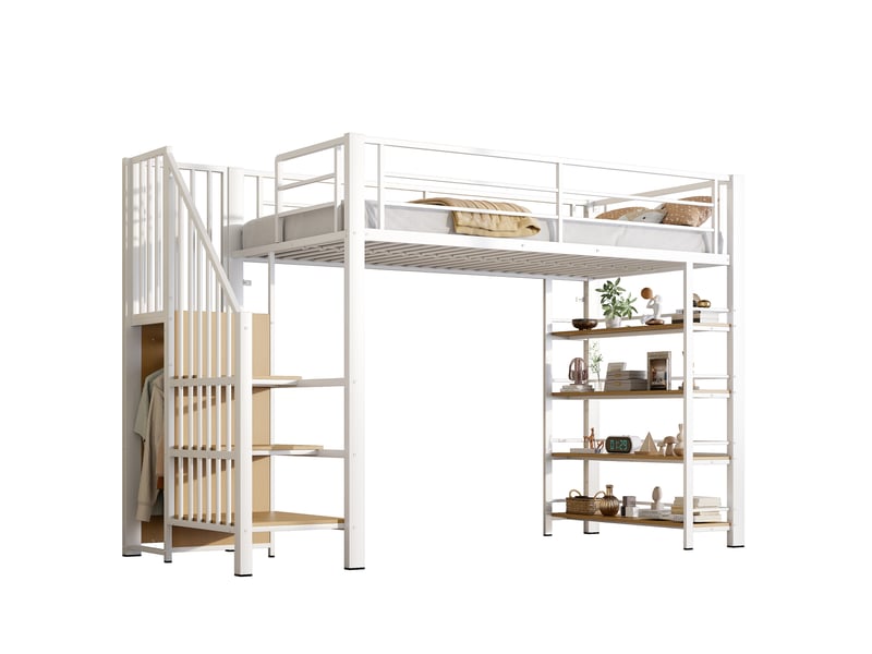  Modenvie lit mezzanine 90x200 cm - avec escalier de rangement, penderie et étageres - blanc  - Conforama A