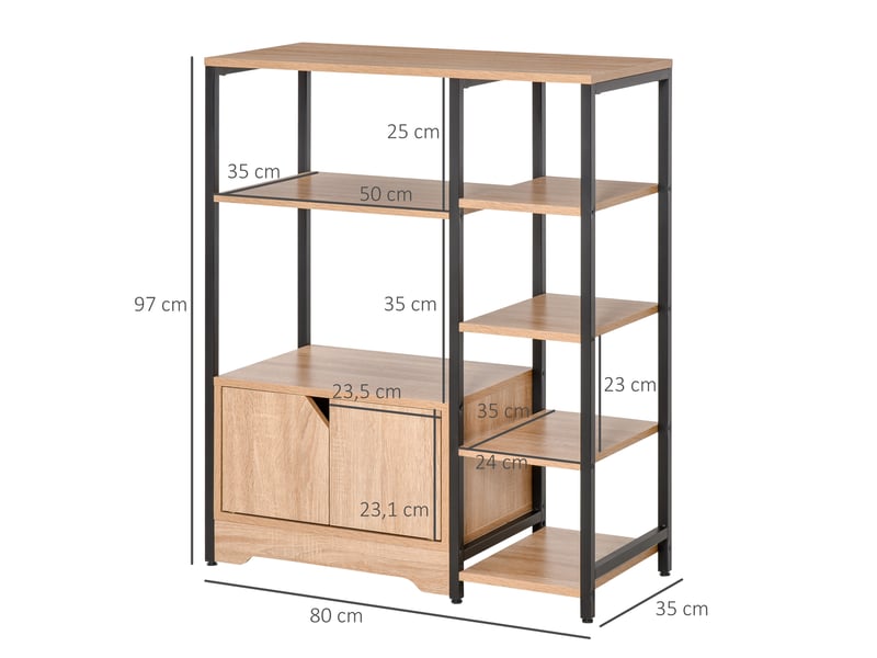  Bibliothèque à plusieurs étagères ouvertes et double porte, structure métallique, 80 x 35 x 97 cm, naturel  - Conforama D