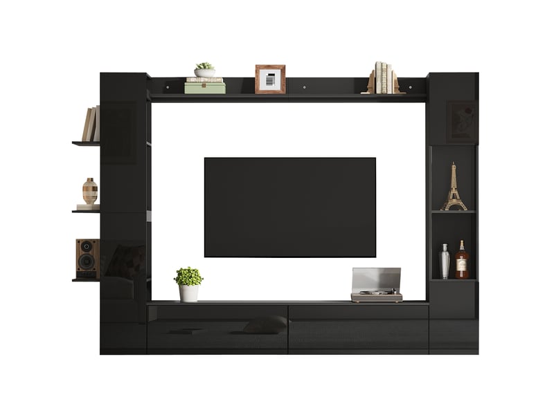  Meuble tv mural ulevr avec rangements 245 x 30 x 170 cm, ensemble 4 pièces en mdf noir, portes abattantes et étagères  - Conforama A