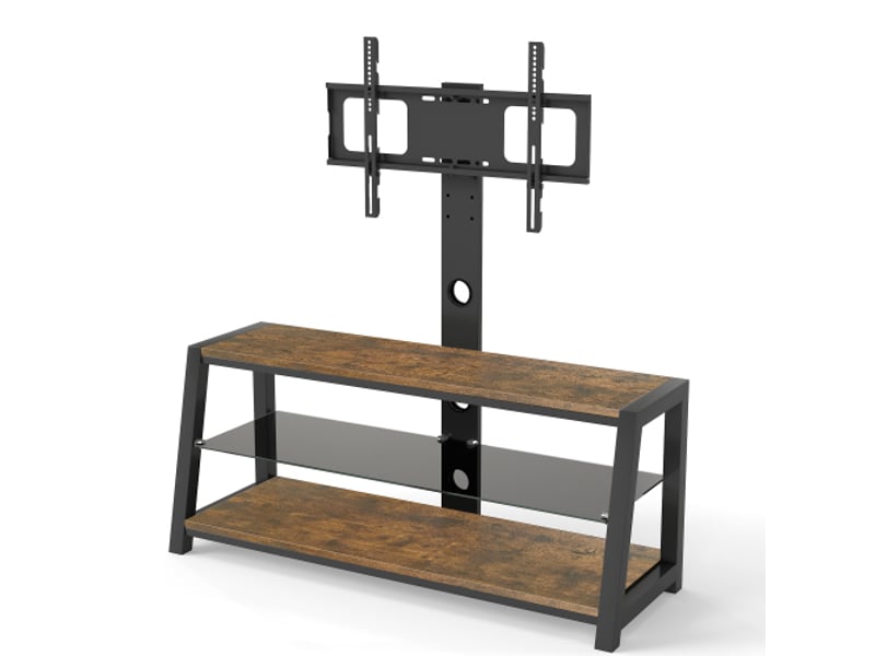  Meuble tv en bois avec verre trempé noir, socle réglable et pivotant, fixation murale brun h125 x b116 x t42 cm  - Conforama A