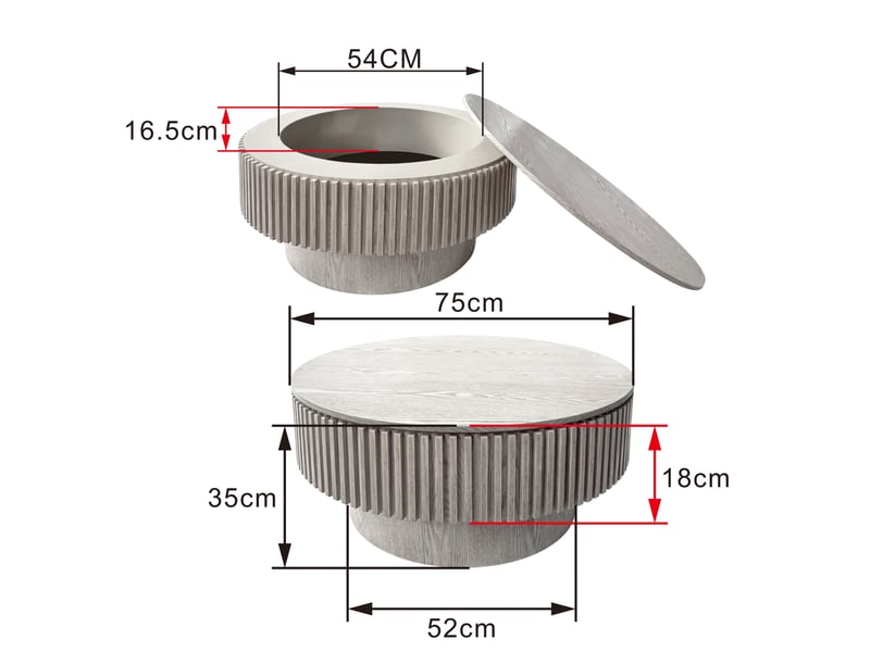 Table basse ronde avec rangement dissimulé sous plateau, finition bois blanc rétro, pour salon et chambre, 82 × 25 × 82 cm - Conforama E