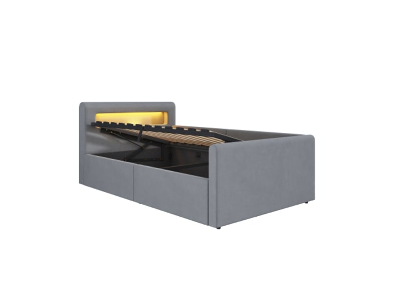  Lit coffre 90x200 cm, lit enfant avec éclairage led, veilleuse, port de usb et étagère, sans matelas, tissu velours, gris clair  - Conforama E