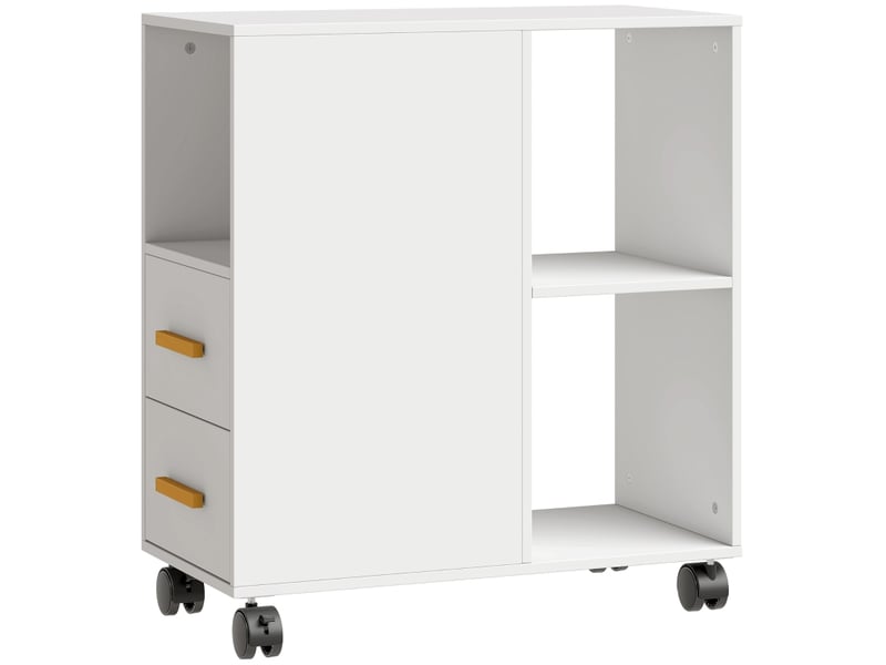 Meuble imprimante 60x30x65 cm blanc avec 2 tiroirs, 3 niches et roulettes - Conforama A