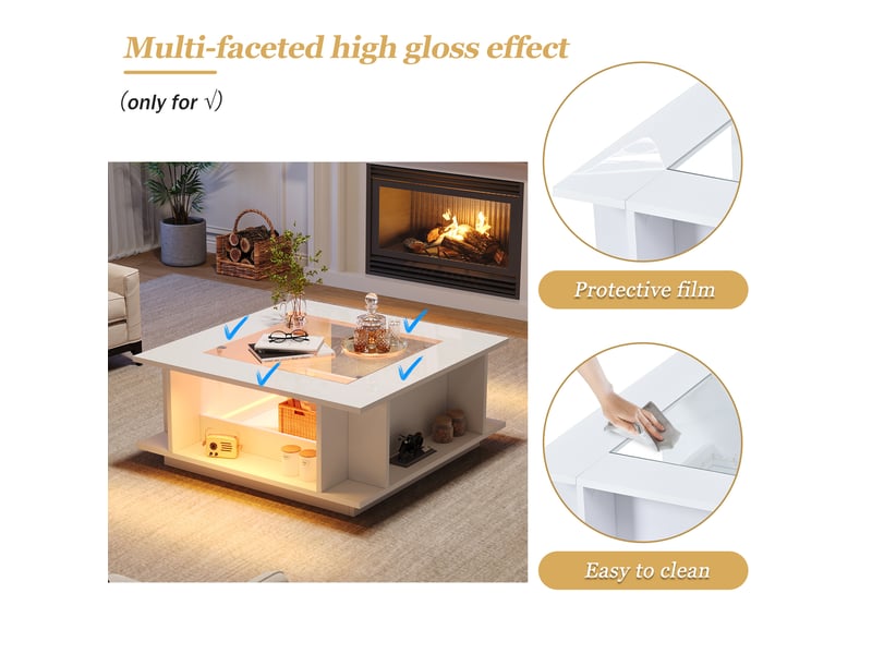  Table basse carrée led avec plateau en verre et rangements ouverts, finition brillante, pour salon, 70 × 70 × 30 cm  - Conforama E