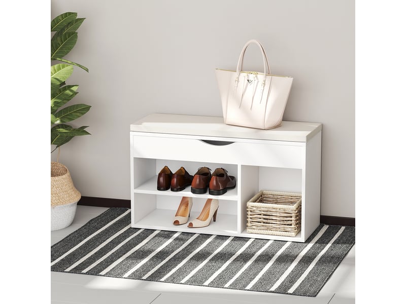  Banc à chaussures, étagère à chaussures d'entrée peu encombrante avec siège rembourré pliable, en bois, 80 x 30 x 47 cm, blanc  - Conforama C