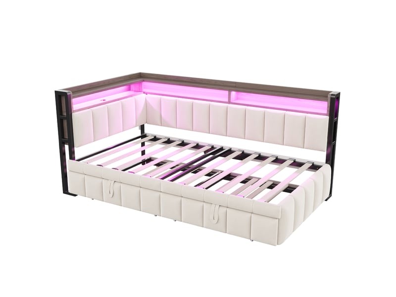  Canapé-lit 90 x 200 cm – avec lit gigogne – avec éclairage led – avec ports usb et type-c – beige (matelas non inclus)  - Conforama W