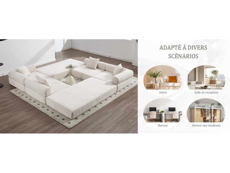  Canapé modulable beige en velours côtelé 270x180x64 cm, compressé, rangement latéral, convertible salon séjour bureau W2845S00497 - Conforama W