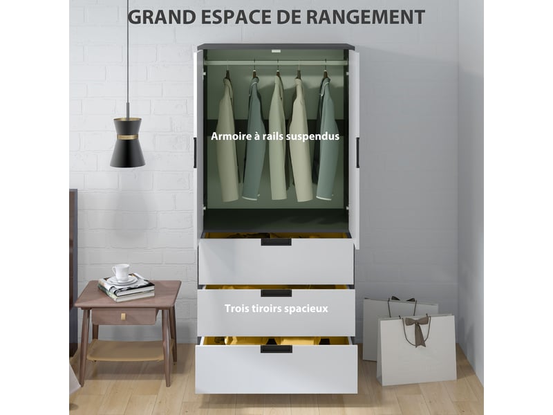  Armoire chambre penderie avec 2 portes à fermeture douce, 3 tiroirs et barre de suspension, 80x50x180cm, gris et blanc  - Conforama D
