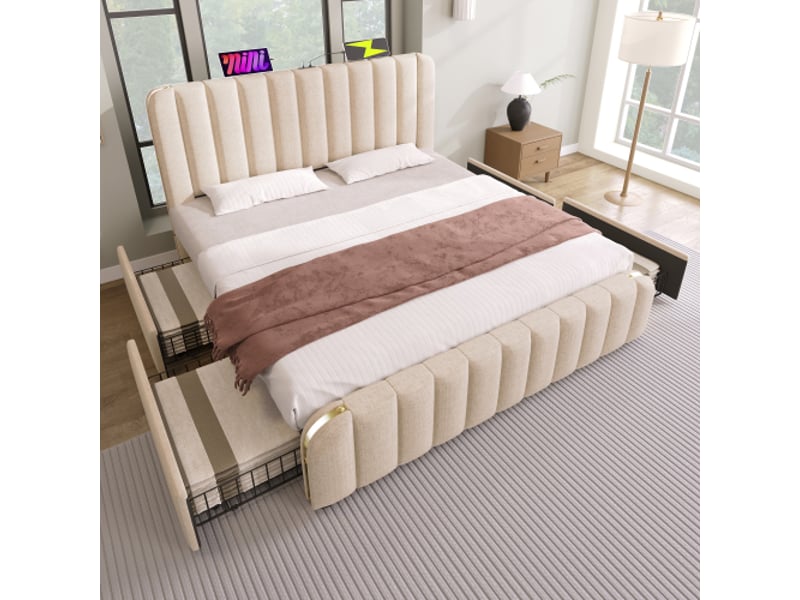  Lit avec rangement 180x200 cm avec 4 tiroirs, tête de lit avec ports usb et type-c, en lin, beige, matelas inclus  - Conforama C
