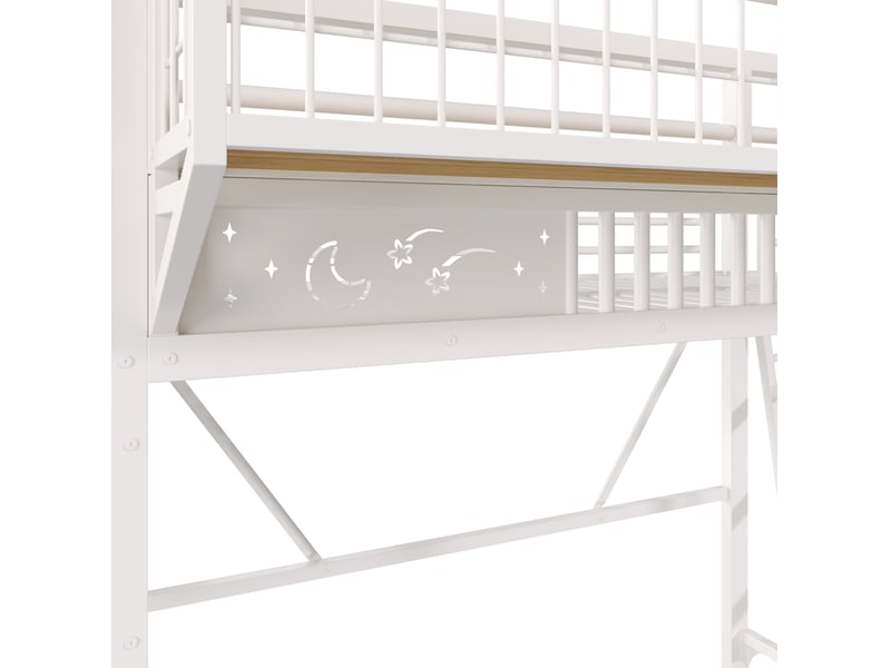  Lit mezzanine 90x200 cm, avec rangements latéraux et espace ouvert, en métal, blanc, sans matelas  - Conforama E