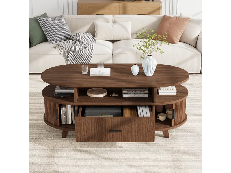 Table basse ovale avec 1 tiroir, 2 portes à rideau et 3 niches ouvertes pour salon, en mdf, finition noyer - Conforama D