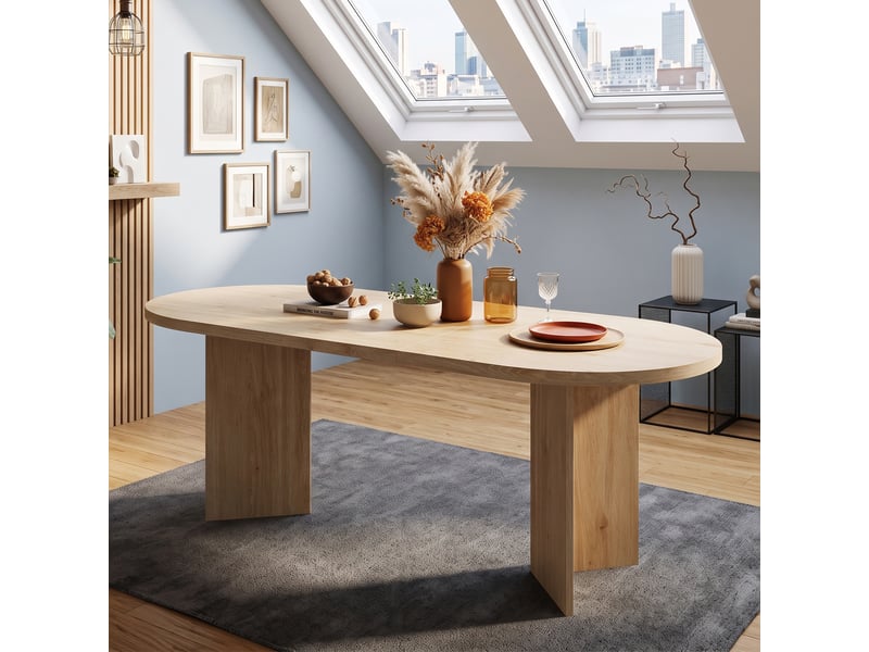  Table à manger, chêne, 200 × 90 cm, 6-8 personnes, coins arrondis, plateau épais, style simple  - Conforama E