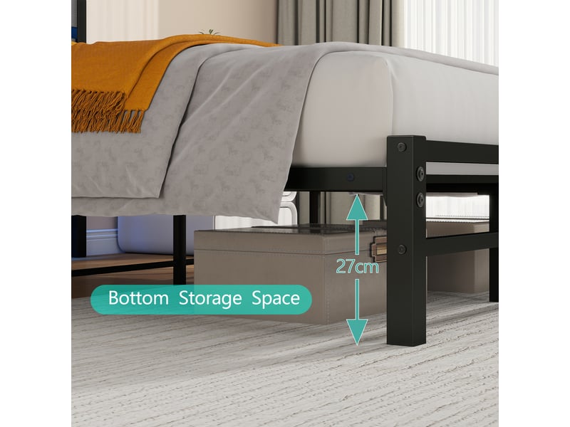  Lit double 140x200 cm, cadre de lit, led, port usb, tête de lit avec rangement, bois et métal noir  - Conforama W