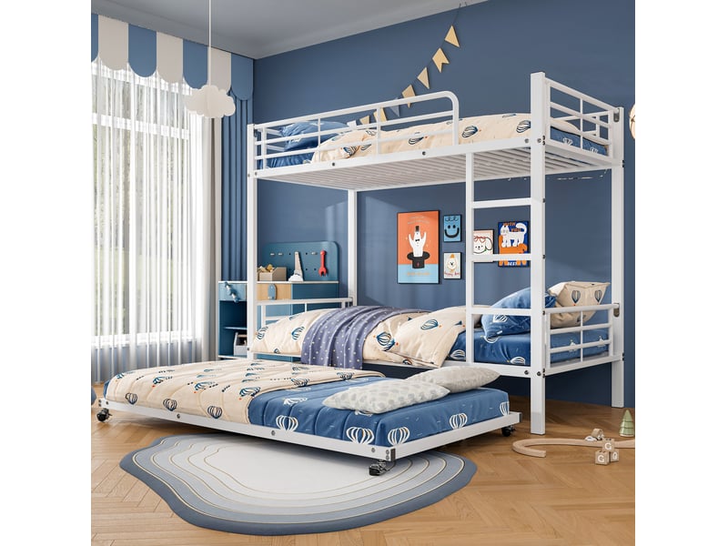  Lit superposé métal avec lit gigogne 90x200 cm et 90x190 cm blanc  - Conforama C
