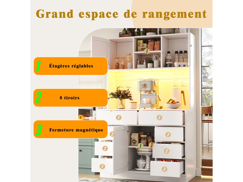  Meuble de cuisine muvano blanc, armoire de cuisine avec 8 tiroirs, led, 120 × 40 × 183,5 cm  - Conforama R