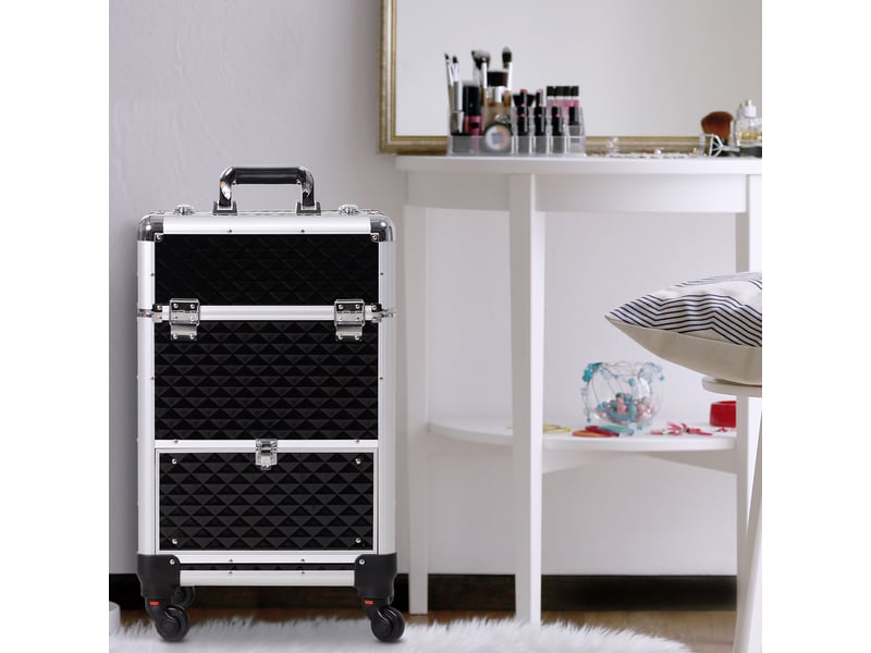  Valise trolley maquillage mallette cosmétique vanity poignée télescopique réglable 34l x 25l x 62h cm alu. Noir  - Conforama D