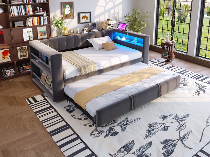 Canapé lit convertible 90180 x 190 cm gris foncé flanelle avec éclairage led prises intégrées et rangement Sol Morn - Conforama B