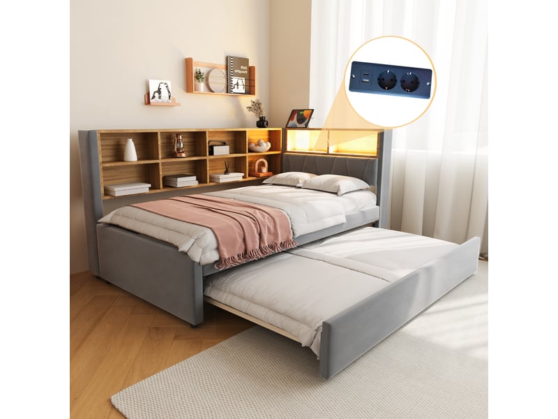 Lit banquette rembourré 90x200 cm avec lit gigogne 90x190 cm, rangements, led, usb, usb-c et prise électrique, sommier à lattes, flanelle gris foncé Radiant Stride - Conforama E