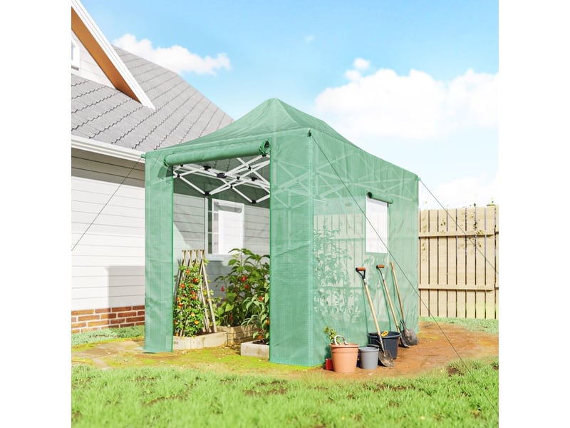  Serre pop-up pliable - 200x300x270 cm - vert - polyéthylène - toit à pignon - portes et fenêtres à fermeture éclair 295x200x270cm - Conforama B