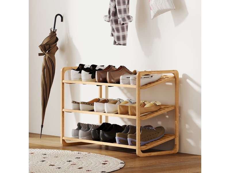  Étagère à chaussures en bambou à 3 niveaux, porte-chaussures capacité 12 paires, bois naturel, 76x33x50,8cm  - Conforama W