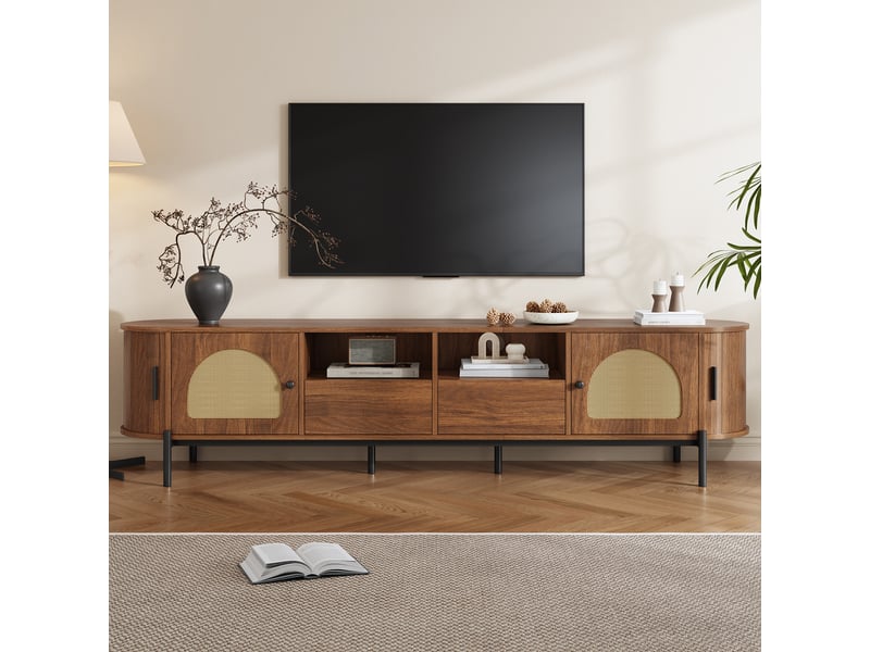  Meuble tv ovale rotin 200 cm - portes coulissantes et tiroirs - pieds métal noir - noyer  - Conforama B