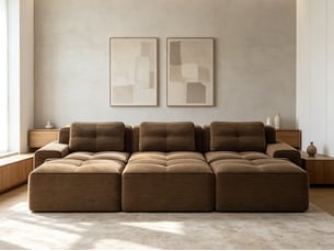 Canapé modulable 3 places avec fonction couchage et 3 poufs, velours côtelé doux, 69 × 382 × 104 cm, marron