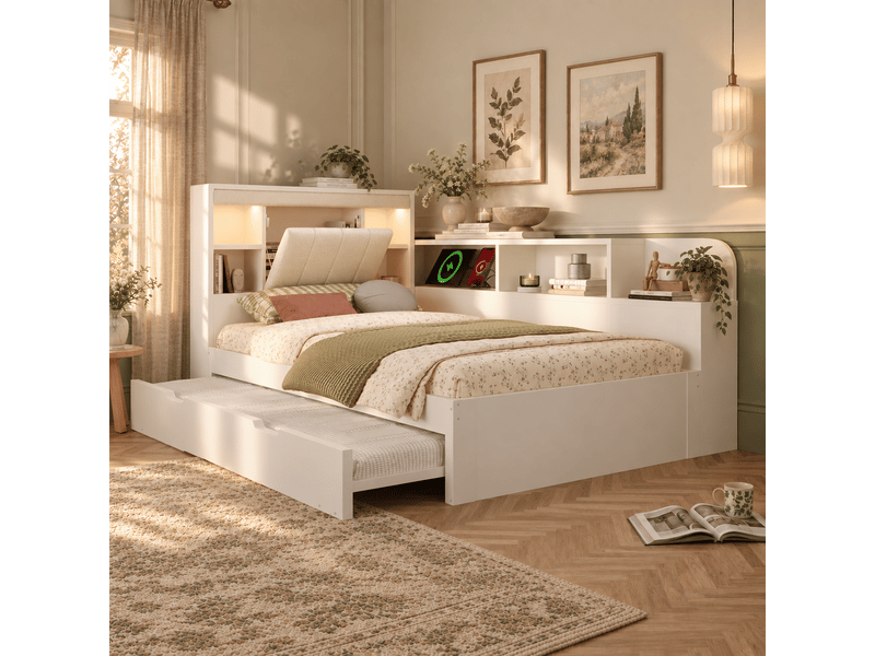 Lit banquette gigogne 90x200 cm multifonction avec lit, sommier à lattes, éclairage lecture, usb, tête de lit pu et bois blanc Morn Vibe - Conforama D