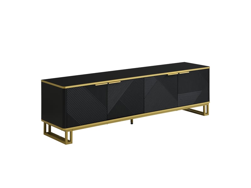  Meuble tv 160 cm noir et or, meuble tv 4 portes avec design géométrique, meuble tv bas salon en mdf  - Conforama R