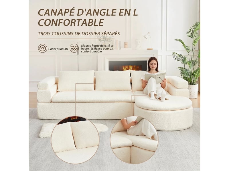  Canapé d'angle avec méridienne en chenille 3 places beige crème - dossier épais et forme arrondie  - Conforama D