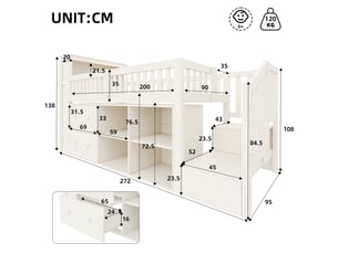 Lit semi-haut 90 x 200 cm avec tiroirs, rangements, échelle, led, matelas non inclus, blanc