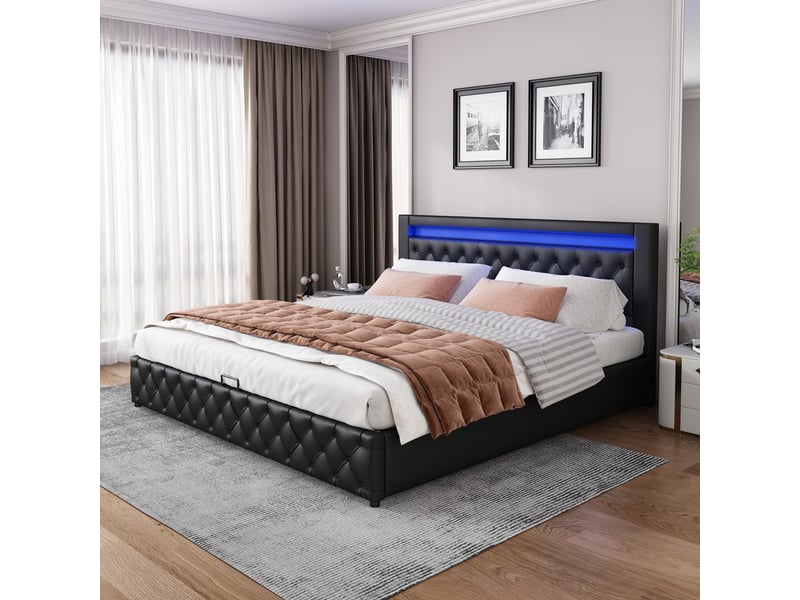 Lit 140x190 cm capitonné noir pu avec coffre hydraulique, led intégrée, sommier à lattes inclus - Conforama D
