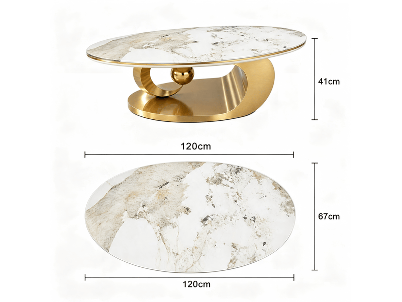  Table basse tcqpz ovale 120 x 67 x 45 cm plateau aspect marbre blanc verre trempé piètement acier inoxydable doré  - Conforama C