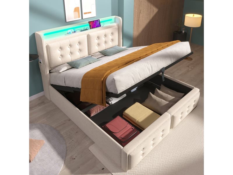  Lit coffre rembourré 160x200 cm avec ouverture hydraulique, led, 2 prises, usb et usb-c, tête de lit avec étagère, sommier à lattes, coton-lin beige Radiant Stride - Conforama B