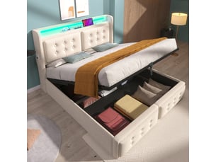 Lit coffre rembourré 160x200 cm avec ouverture hydraulique, led, 2 prises, usb et usb-c, tête de lit avec étagère, sommier à lattes, coton-lin beige
