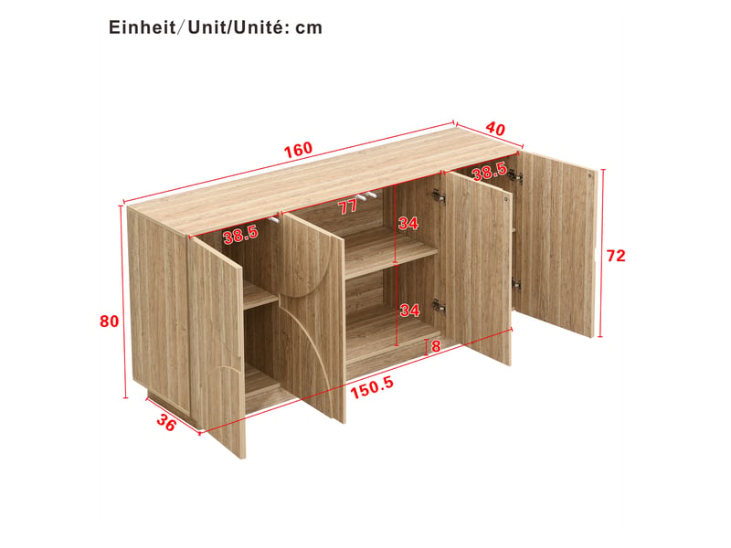  Buffet de rangement avec portes et étagères réglables, ouverture silencieuse, pour salon, 160 × 40 × 80 cm  - Conforama E