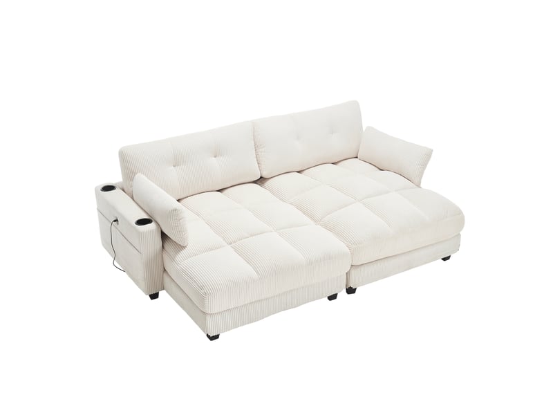 Canapé 2 places en velours côtelé beige, séparable en 2 fauteuils, 2 coussins, 4 porte-gobelets, 4 poches, usb - Conforama A