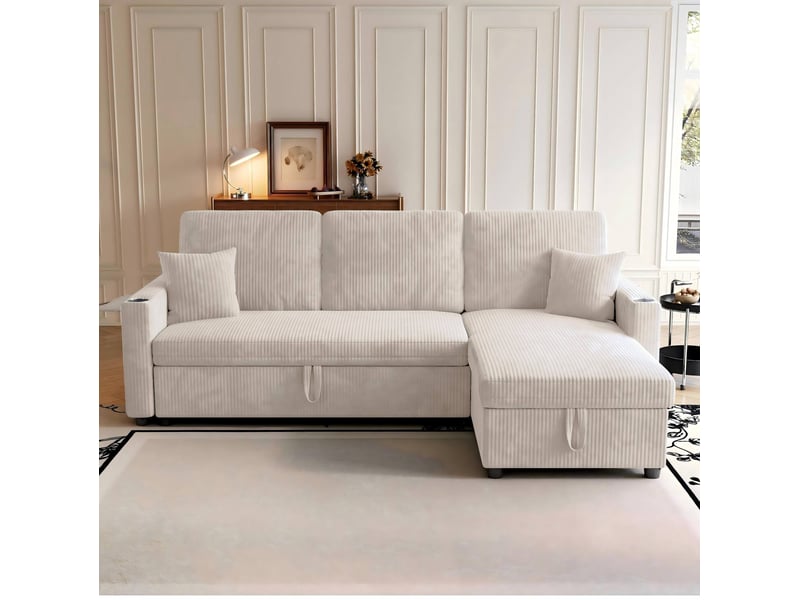  Canapé d'angle convertible 3 places en velours côtelé beige avec rangement, usb et type-c, pour le salon  - Conforama B