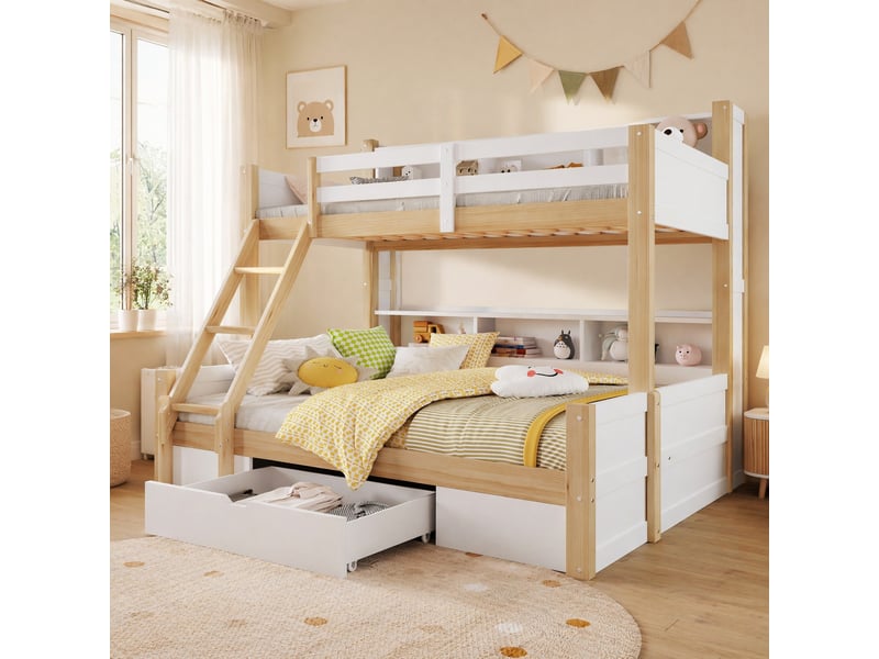  Lit superposé 90x200 et 140x200 cm avec rangements et led, blanc et naturel  - Conforama D