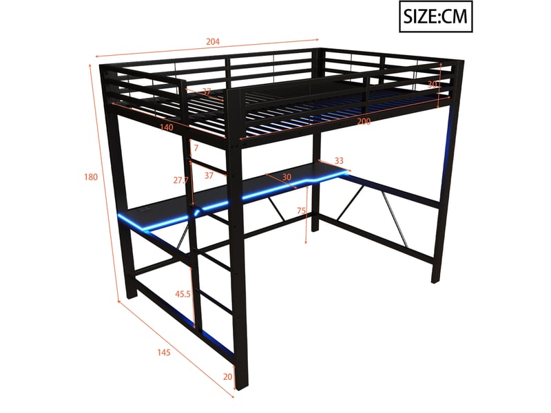  Lit mezzanine gaming 140x200 cm, bureau led usb, structure métal, mdf, 24 lattes, sécurisé, noir sans matelas  - Conforama C