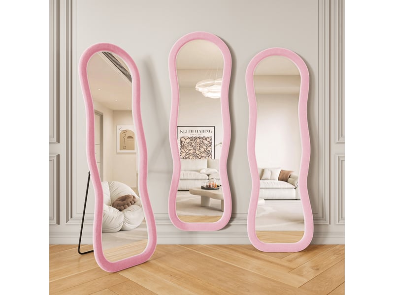 Miroir plein pied 160x50 cm forme ondulée, cadre rembourré en flanelle rose, miroir au sol décoratif pour chambre et salon  - Conforama W