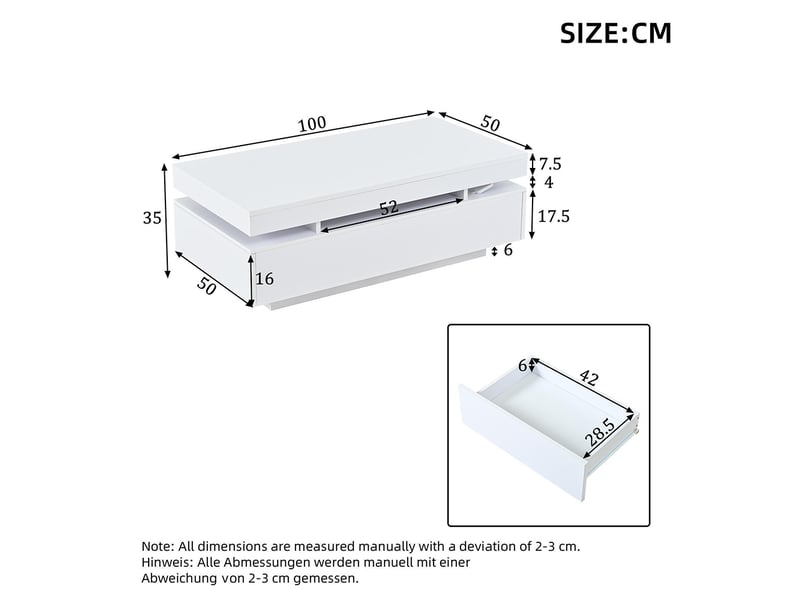 Table basse salon 2 tiroirs appoint led brillante thé blanc  - Conforama C